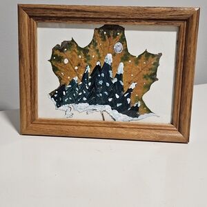 Framed Leaf Art Painting with Winter Forest And Pine Tree Design